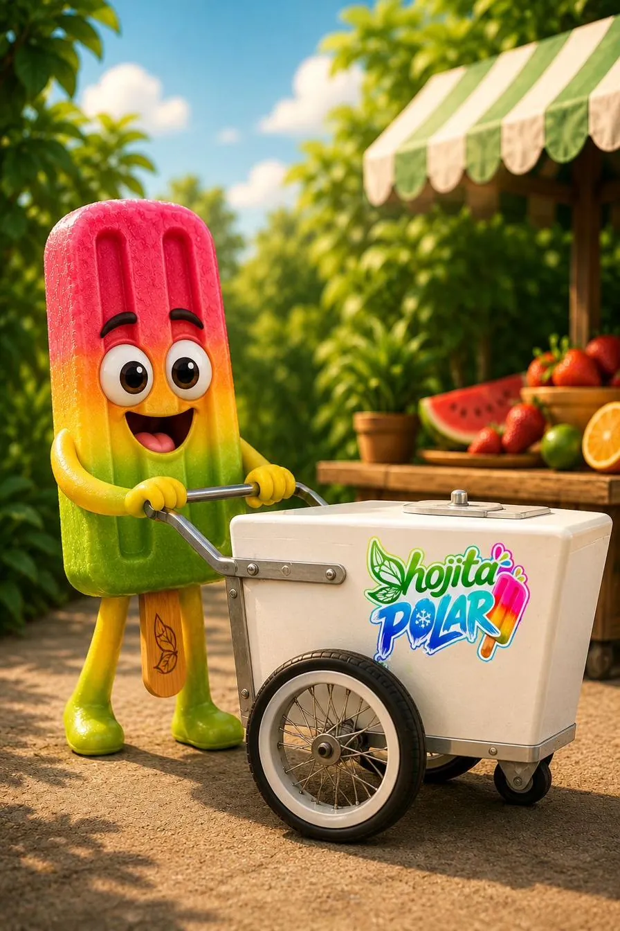 Personaje Hojita Polar llevando su carrito de paletas